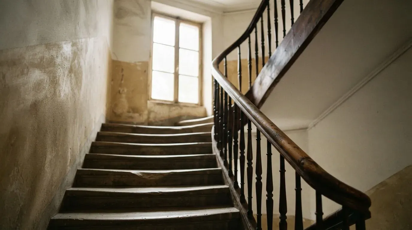 Ein Holzgeländer an einer Treppe in einem Altbau, durch ein Fenster fällt Licht auf die abgetretenen Stufen.