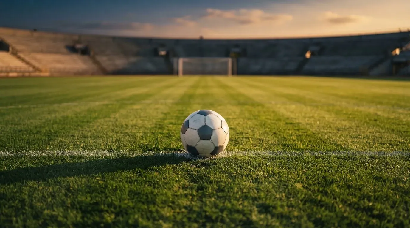 Ein Fussball liegt auf dem Mittelkreis eines leeren Rasenplatzes, dahinter ragen leere Tribünenreihen in den Abendhimmel.