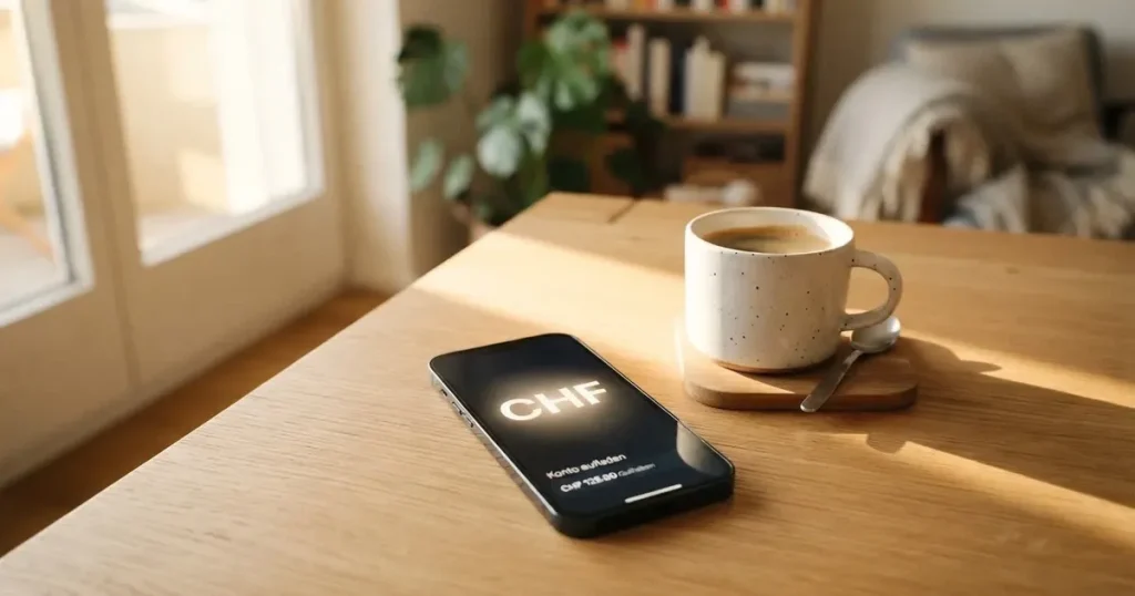 Ein Smartphone mit dunklem Display liegt auf einem hellen Holztisch neben einer Kaffeetasse, Morgenlicht fällt schräg durch ein Fenster.