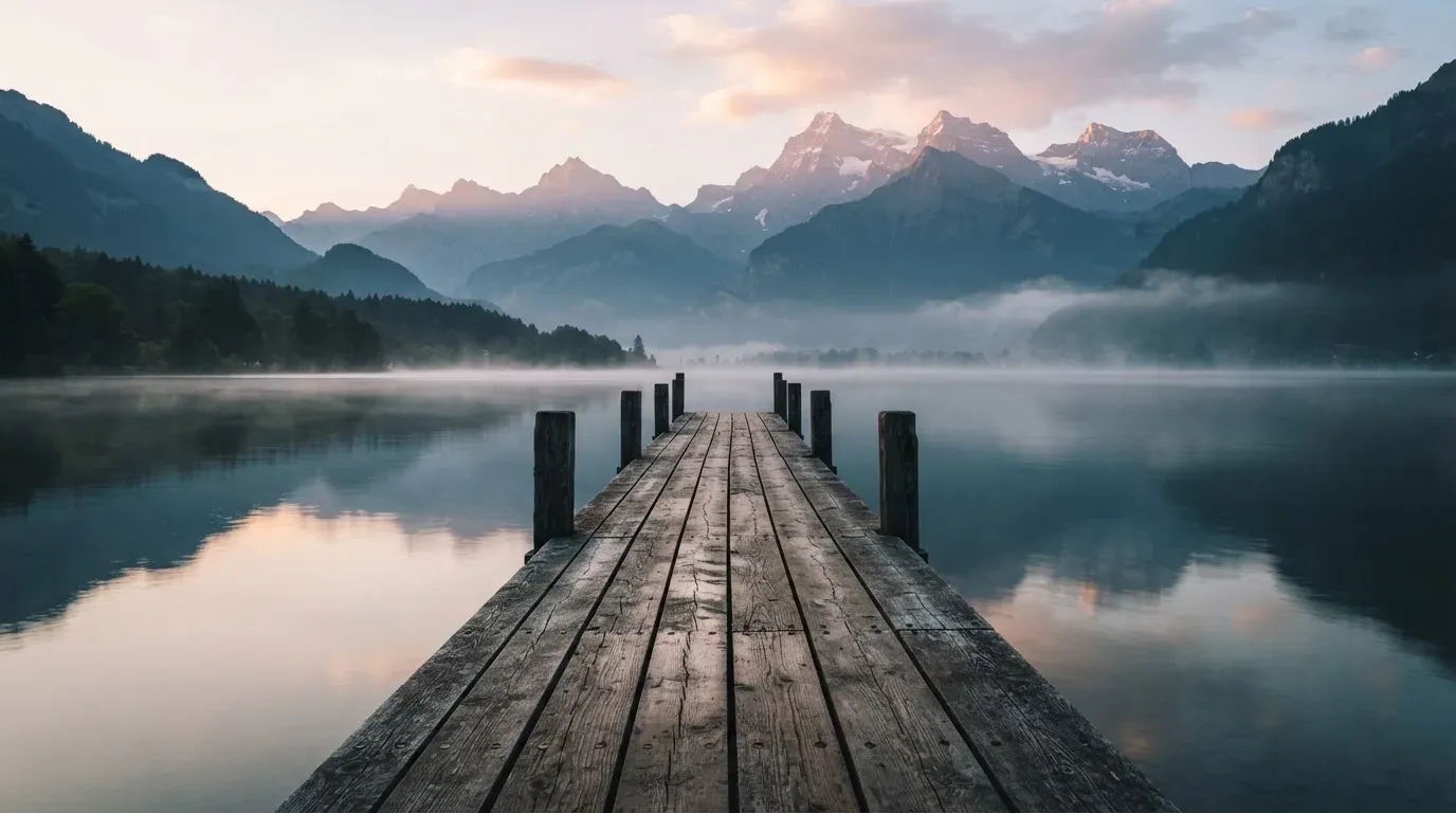 Ein Holzsteg führt über einen stillen Bergsee in den Alpen, über dem Wasser hängen bei Sonnenaufgang einzelne Nebelschwaden.