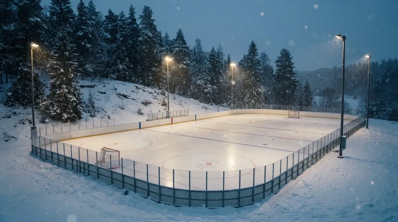 Eine Eishockeybahn liegt unter Flutlicht aus der Ferne betrachtet, leichter Schneefall treibt durch den Lichtkegel über dem Eis.