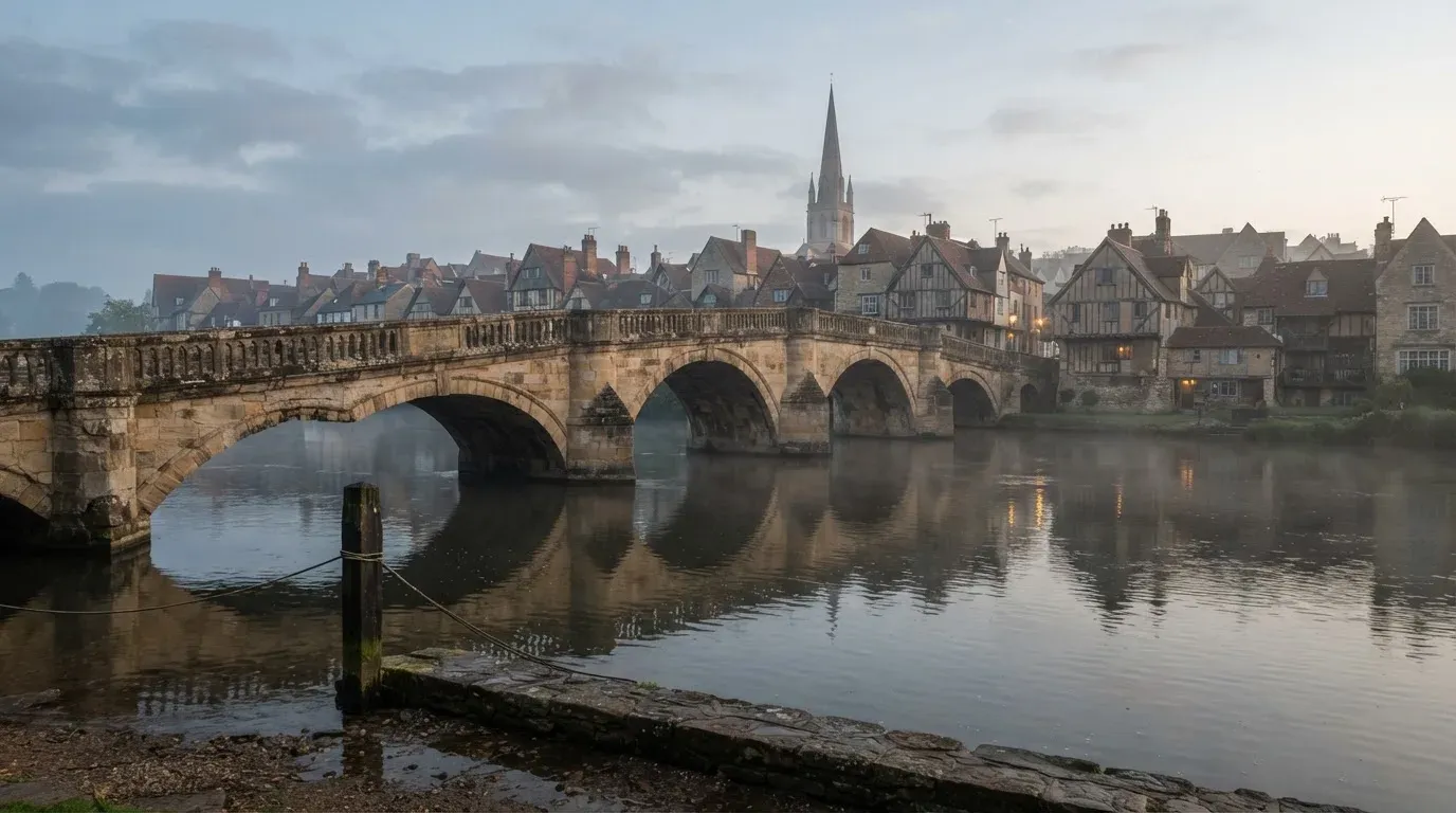 Eine steinerne Bogenbrücke überspannt am frühen Morgen einen Fluss in einer Altstadt, auf dem Wasser liegt dünner Nebel.
