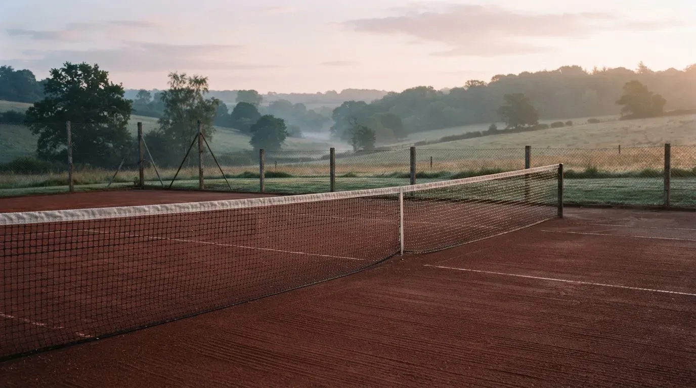 Ein Sandplatz für Tennis liegt bei Morgengrauen leer da, Tau glänzt auf dem Netz, hinter dem Zaun steigen Wiesen an.