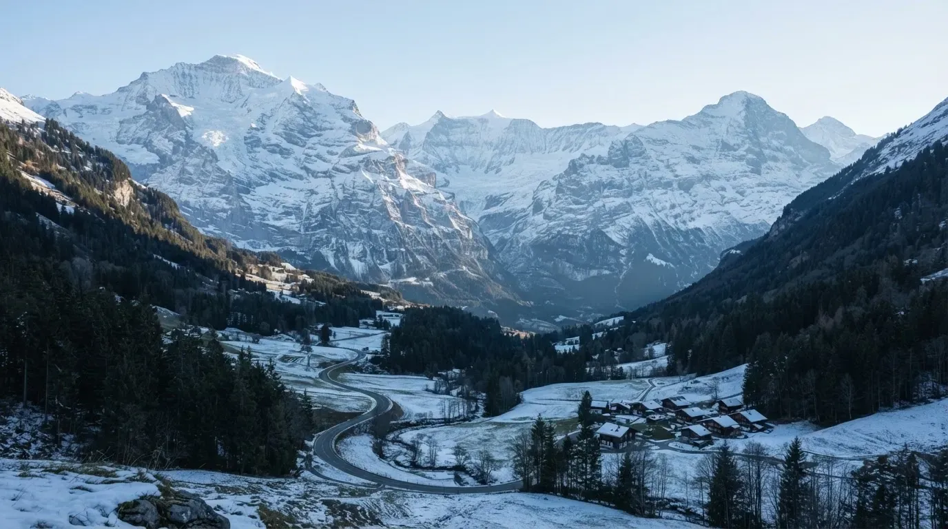 Eine verschneite Bergkette erhebt sich über einem stillen Tal, der Himmel darüber ist klar und von blassem Blau.