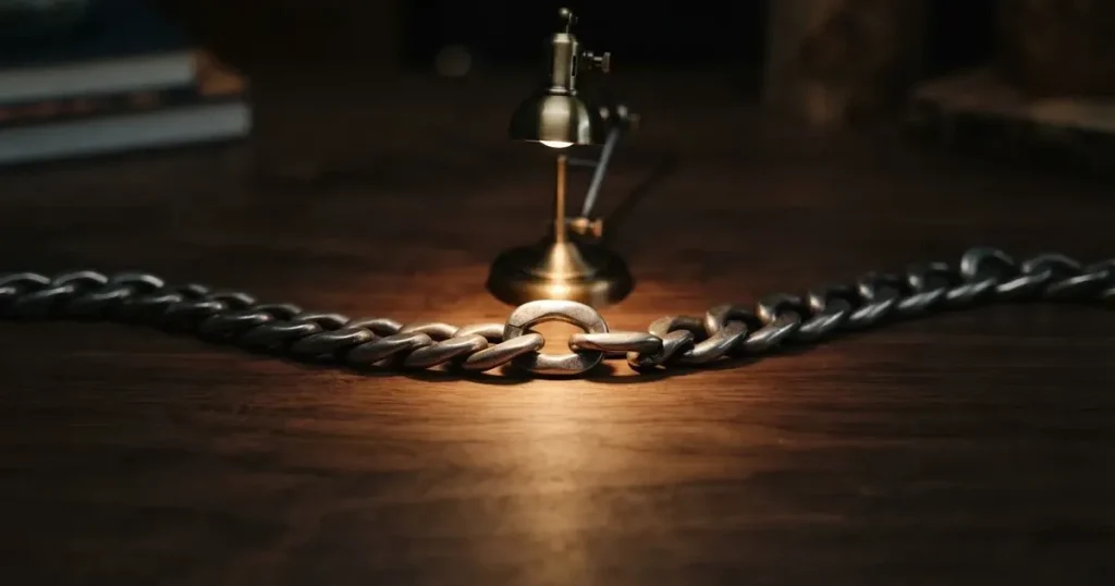 Eine Kette aus silbernen Gliedern liegt ausgebreitet auf dunklem Holz, ein einzelnes Glied ist von einer Lampe hell beleuchtet.