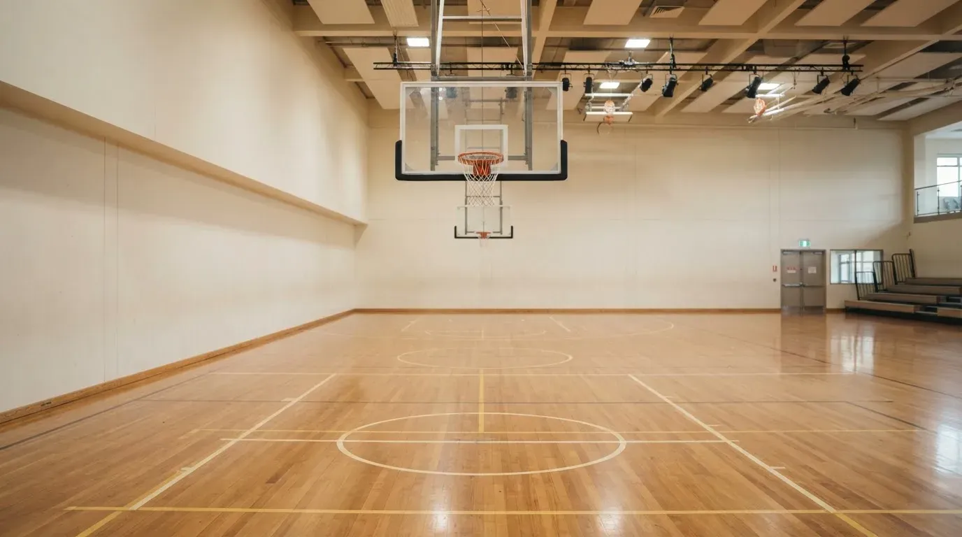 Ein Basketballkorb hängt in einer leeren Halle über einem Holzparkett, von der Decke fällt gleichmässiges Licht auf den Boden.