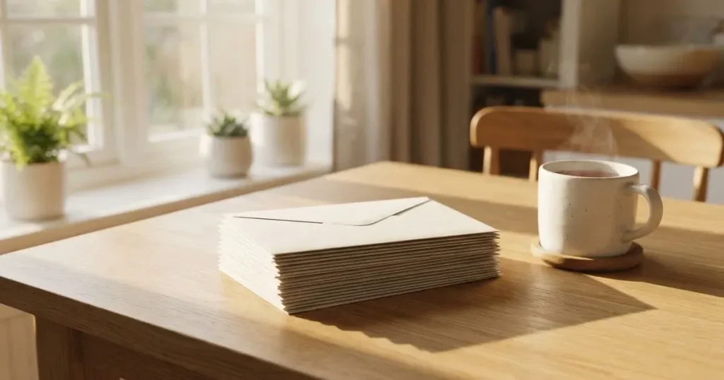 Ein Stapel schlichter Briefumschläge liegt auf einem Küchentisch neben einer Tasse Tee, durch das Fenster fällt Morgenlicht.