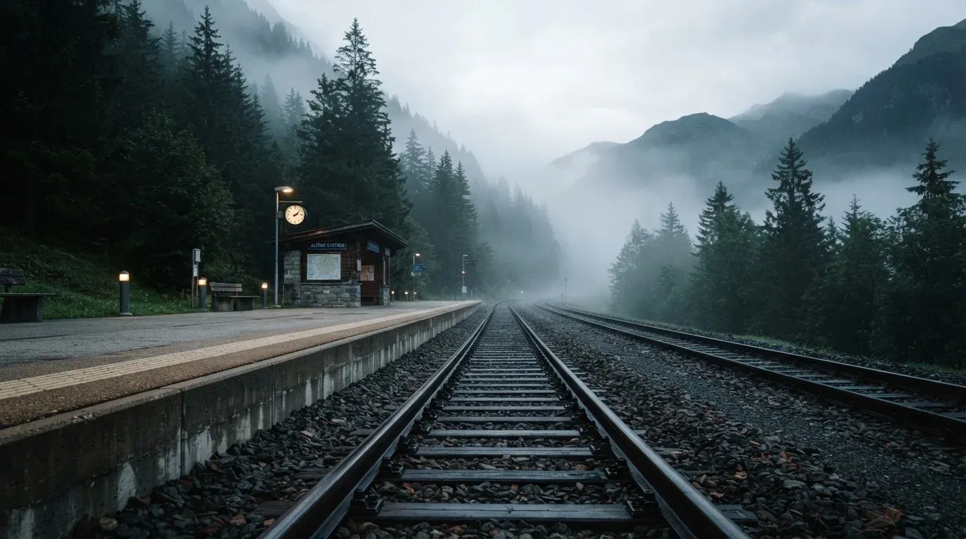 Ein leerer Bahnsteig in den Bergen mit zwei Gleisen, über den Schienen hängt Morgennebel und dahinter ragen dunkle Tannen auf.