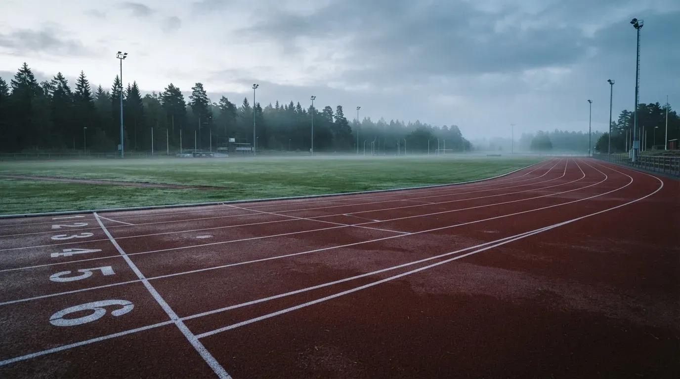 Eine leere Laufbahn mit weissen Bahnlinien liegt im Morgenlicht, rundherum stehen hohe Flutlichtmasten und ein Waldrand.