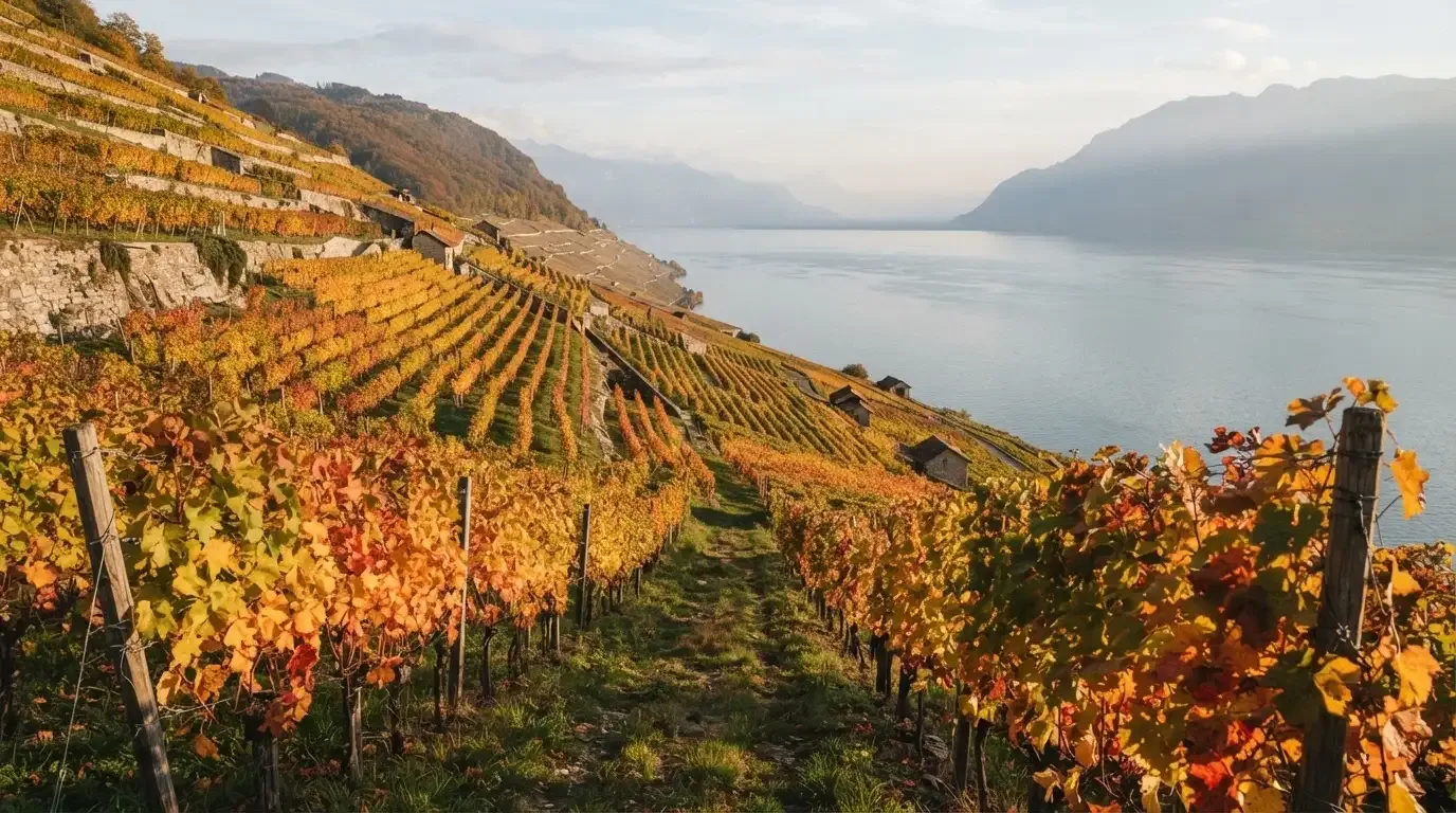 Rebzeilen ziehen sich im Herbstlicht einen Hang über einem See hinunter, die Blätter leuchten gelb und rot.