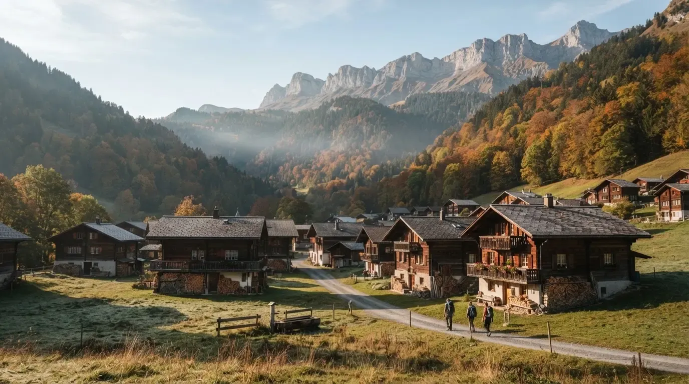 Ein kleines Dorf mit Holzhäusern liegt im Herbst in einem Tal, darüber ragen bewaldete Hänge und ein Bergkamm auf.