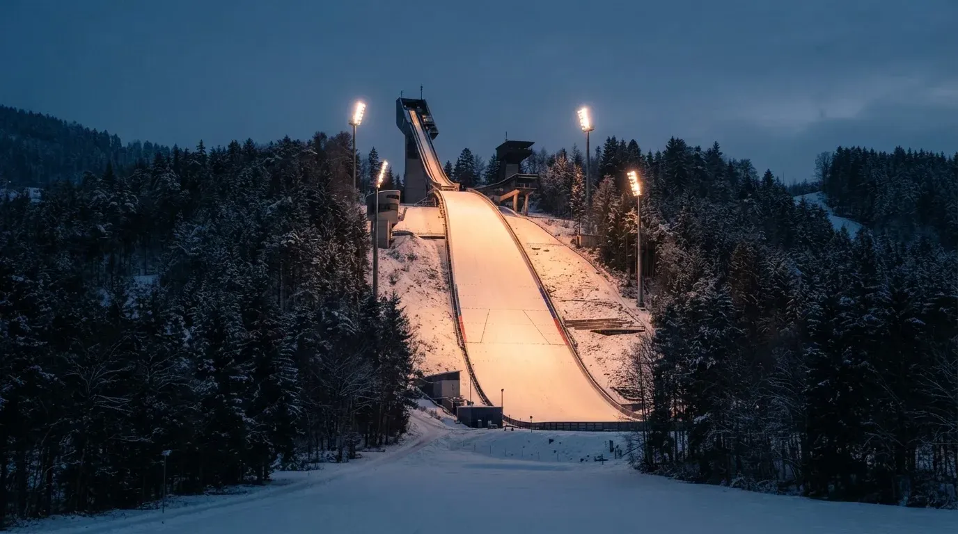 Eine Skisprungschanze steht am Abend im Flutlicht, aus der Ferne betrachtet, umgeben von dunklem Tannenwald und leichtem Schnee.