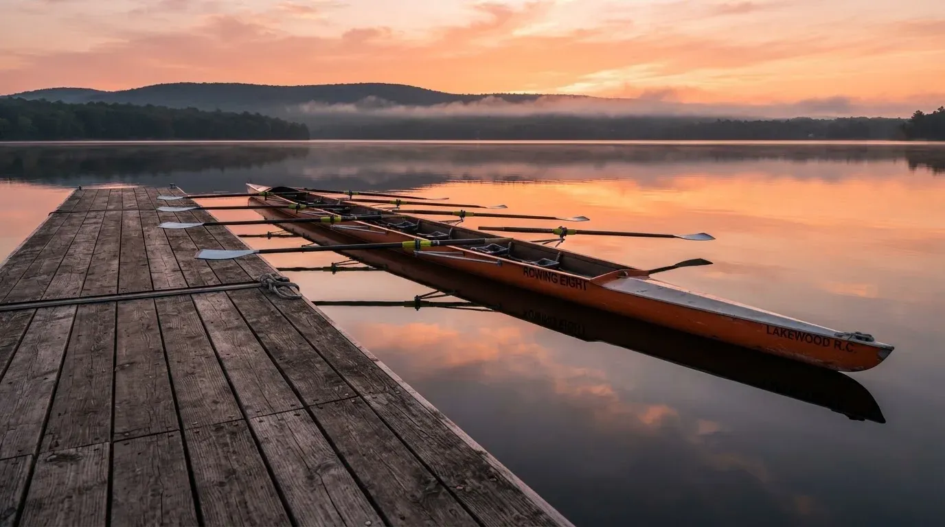 Ein leerer Ruder-Achter liegt bei Sonnenaufgang am Steg eines Sees, das Wasser ist spiegelglatt und der Himmel orange.
