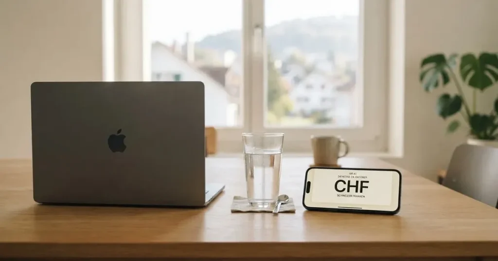 Ein geschlossener Laptop steht auf einem Küchentisch neben einem Wasserglas, durch das Fenster dahinter fällt weiches Tageslicht.
