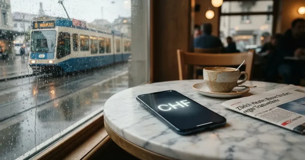 Ein Café-Tisch am Fenster trägt ein Smartphone mit dunklem Display, an der Scheibe laufen Regentropfen herunter und draussen steht eine Tram.