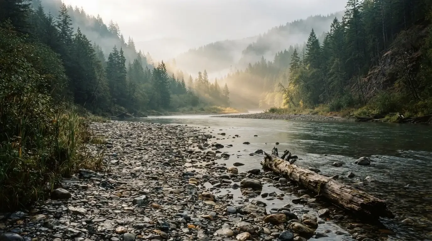 Ein Fluss mit breiter Kiesbank fliesst durch einen Wald, über dem Wasser hängt früher Nebel und Sonnenstrahlen brechen durch.