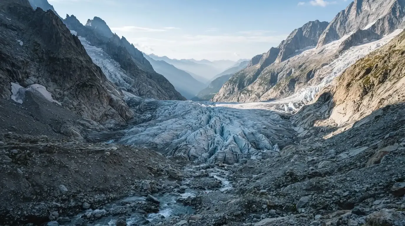 Ein Gletscher schiebt sich zwischen steile Felswände, im Vordergrund liegen Geröll und ein schmaler Bach in kaltem Licht.