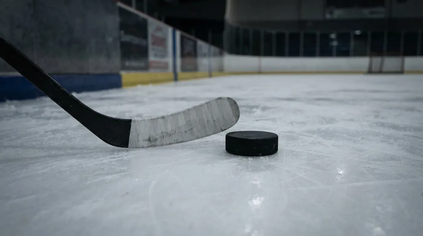 Ein Eishockeypuck liegt auf der Eisfläche neben dem Blatt eines Schlägers, die Bande dahinter ist im Dunkeln nur schwach zu erkennen.