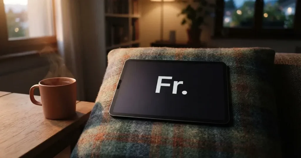Ein Tablet mit schwarzem Display liegt auf einem Sofakissen, daneben ein Becher mit Tee, vom Fenster her fällt Abendlicht.