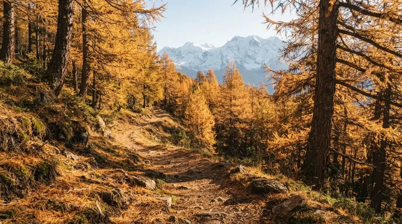 Ein Wanderweg schlängelt sich durch einen goldgelben Lärchenwald, in der Ferne sind schneebedeckte Berge zu sehen.