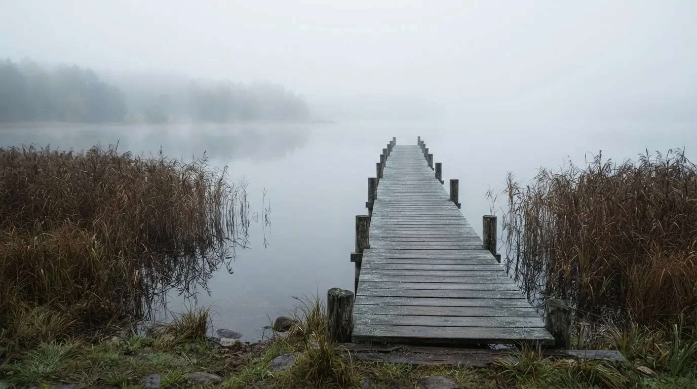 Ein Seeufer mit Schilf und einem schmalen Holzsteg liegt im Nebel, das Wasser ist ruhig und das andere Ufer kaum sichtbar.