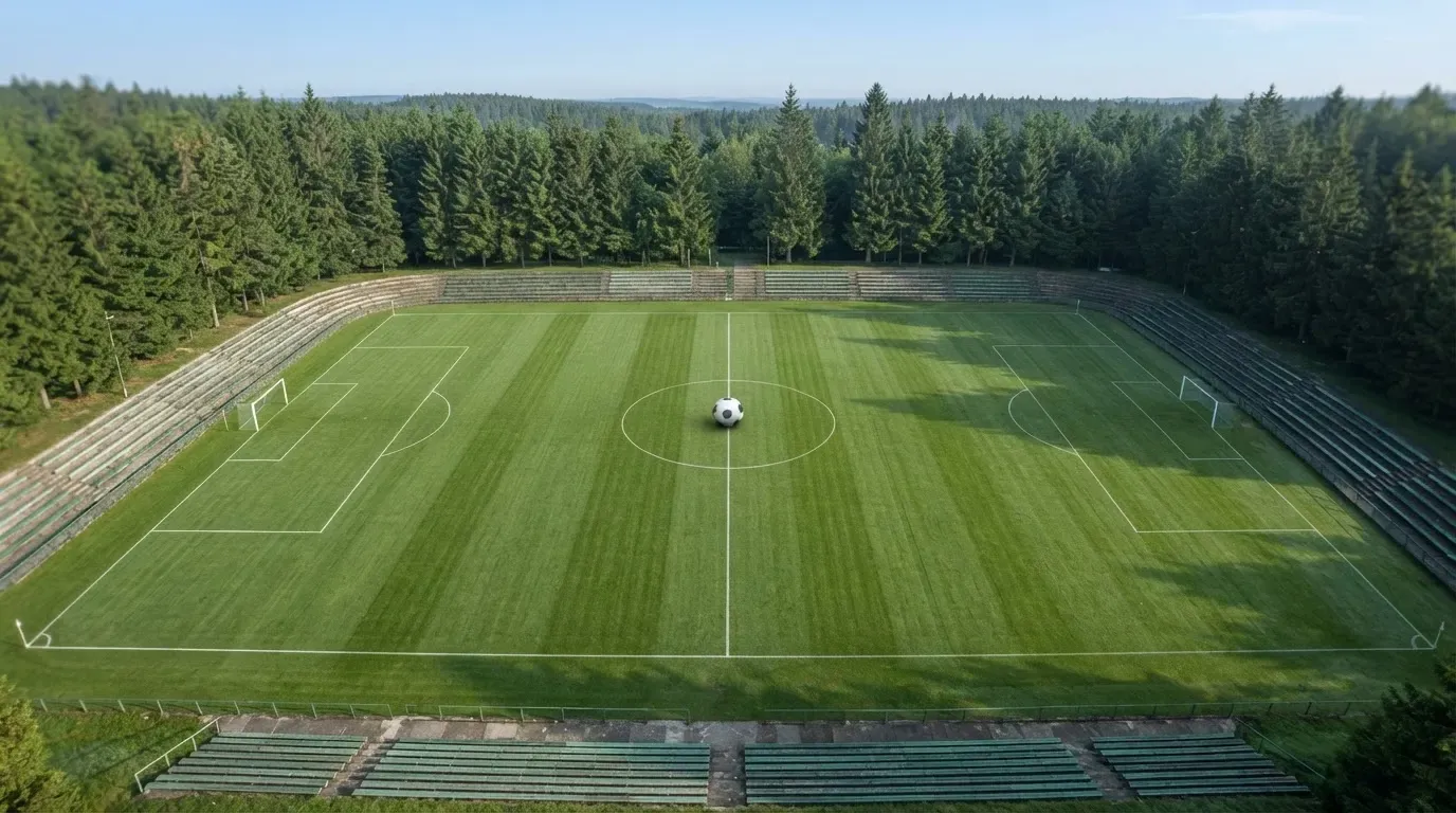 Ein Rasenplatz mit Spielfeldlinien ist von oben gesehen, ein einzelner Ball liegt in der Mitte, rundherum stehen leere Tribünen und Tannenwald.