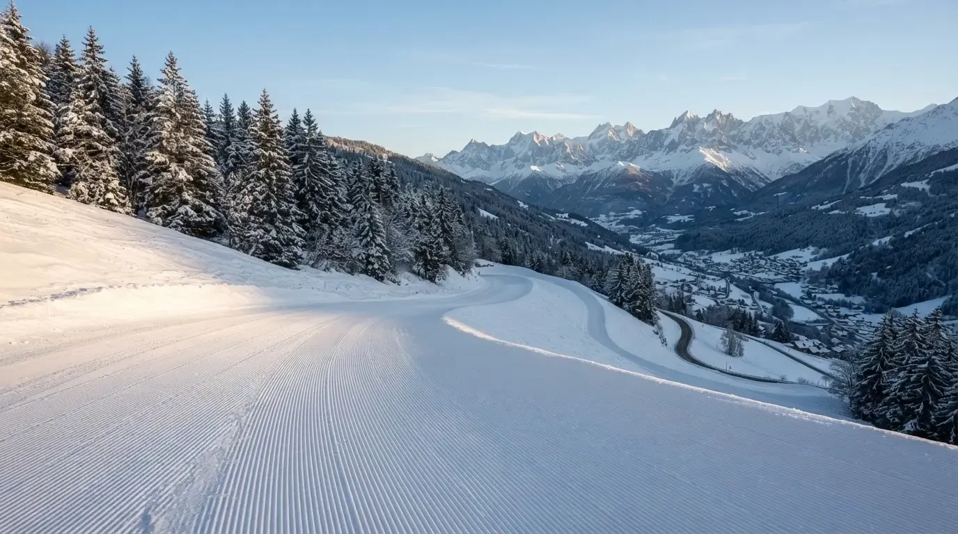 Eine frisch präparierte Skipiste liegt im Morgenlicht leer da, am Rand stehen verschneite Tannen und im Hintergrund Gipfel.