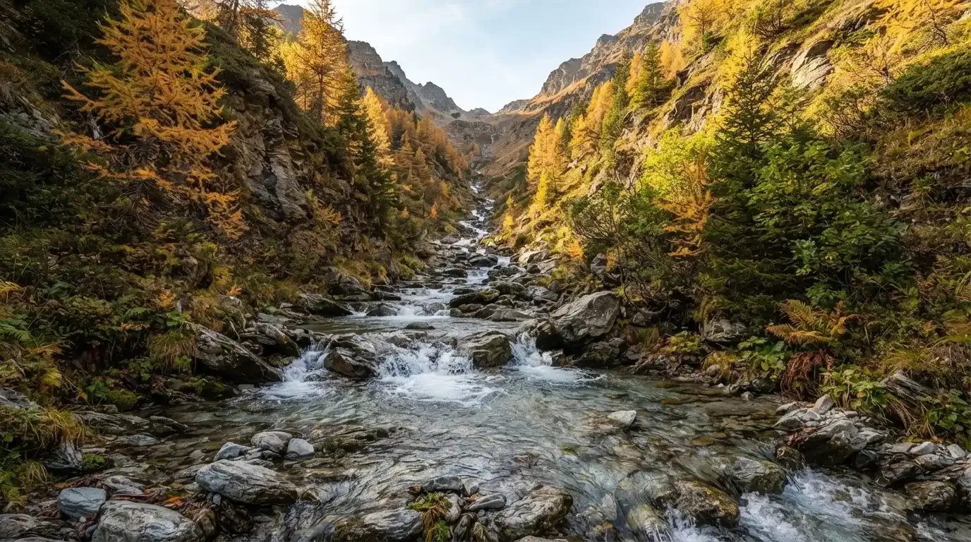 Ein Bergbach fliesst über glatte Steine durch ein enges Tal, an den Hängen leuchten Lärchen in gelbem Herbstlicht.