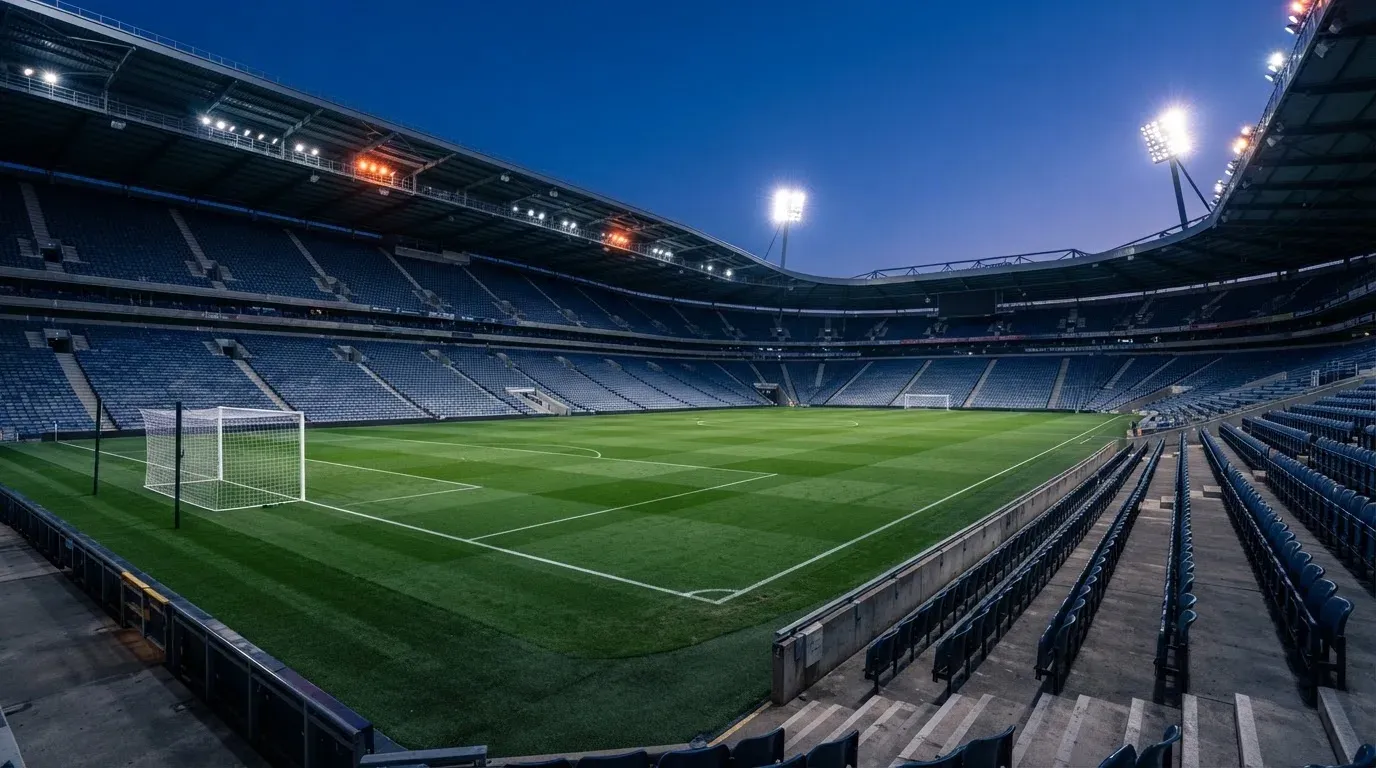 Leere Tribünenränge eines Fussballstadions in der Abenddämmerung, über dem Rasen leuchten die Flutlichter.