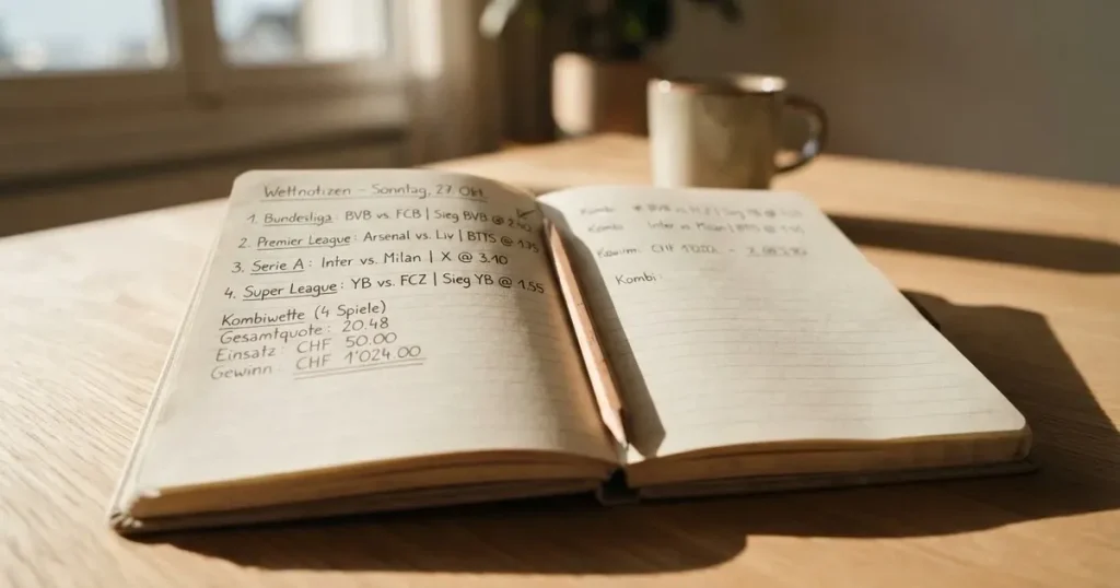 Ein aufgeschlagenes Notizbuch mit handschriftlichen Notizen und ein gespitzter Bleistift liegen auf einem hellen Holztisch im Morgenlicht.