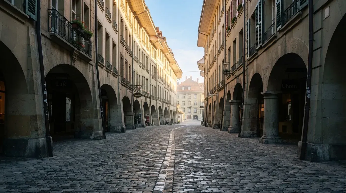 Eine kopfsteingepflasterte Gasse mit Arkaden in einer Schweizer Altstadt im frühen Morgenlicht, niemand ist unterwegs.