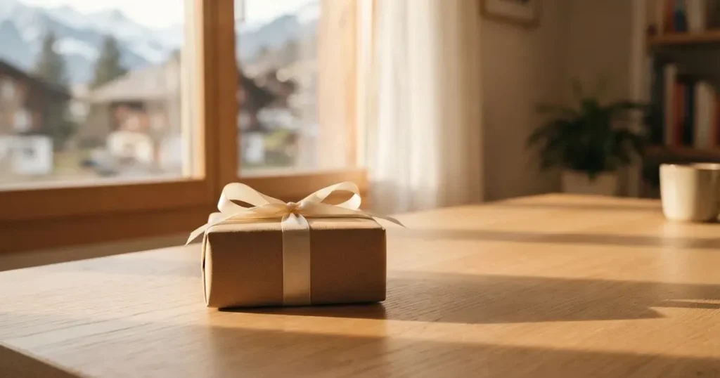 Eine kleine Geschenkschachtel mit schlichtem Band steht auf einem hellen Holztisch neben einem Fenster mit Morgenlicht.