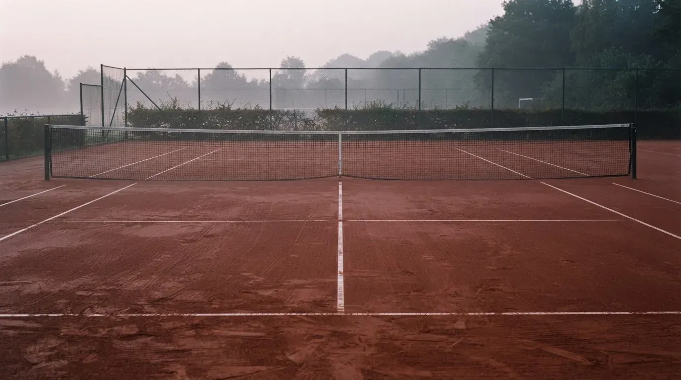 Ein Tennisplatz im Morgengrauen mit gespanntem Netz und feinem Dunst über der roten Asche.