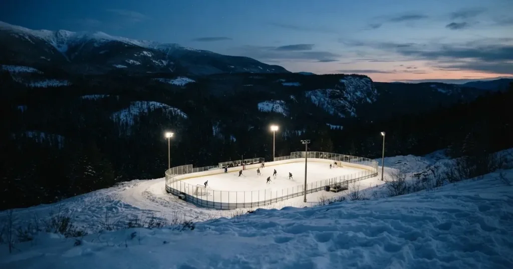 Eine Eisfläche unter Flutlicht in der Winterdämmerung, aus grosser Distanz von einem verschneiten Hang aus gesehen.