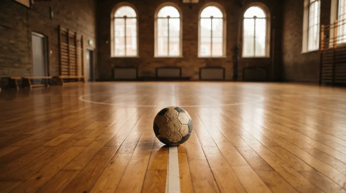 Der Boden einer Sporthalle aus poliertem Parkett mit einem einzelnen Handball in der Mitte, Licht fällt durch hohe Fenster.