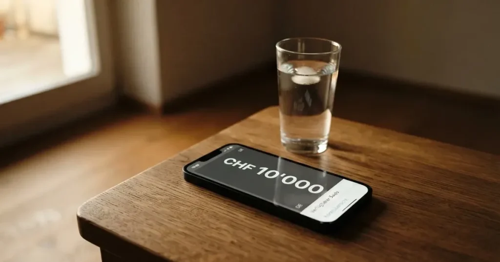 Ein Smartphone liegt mit dem Display nach unten auf einem Holztisch neben einem Wasserglas.