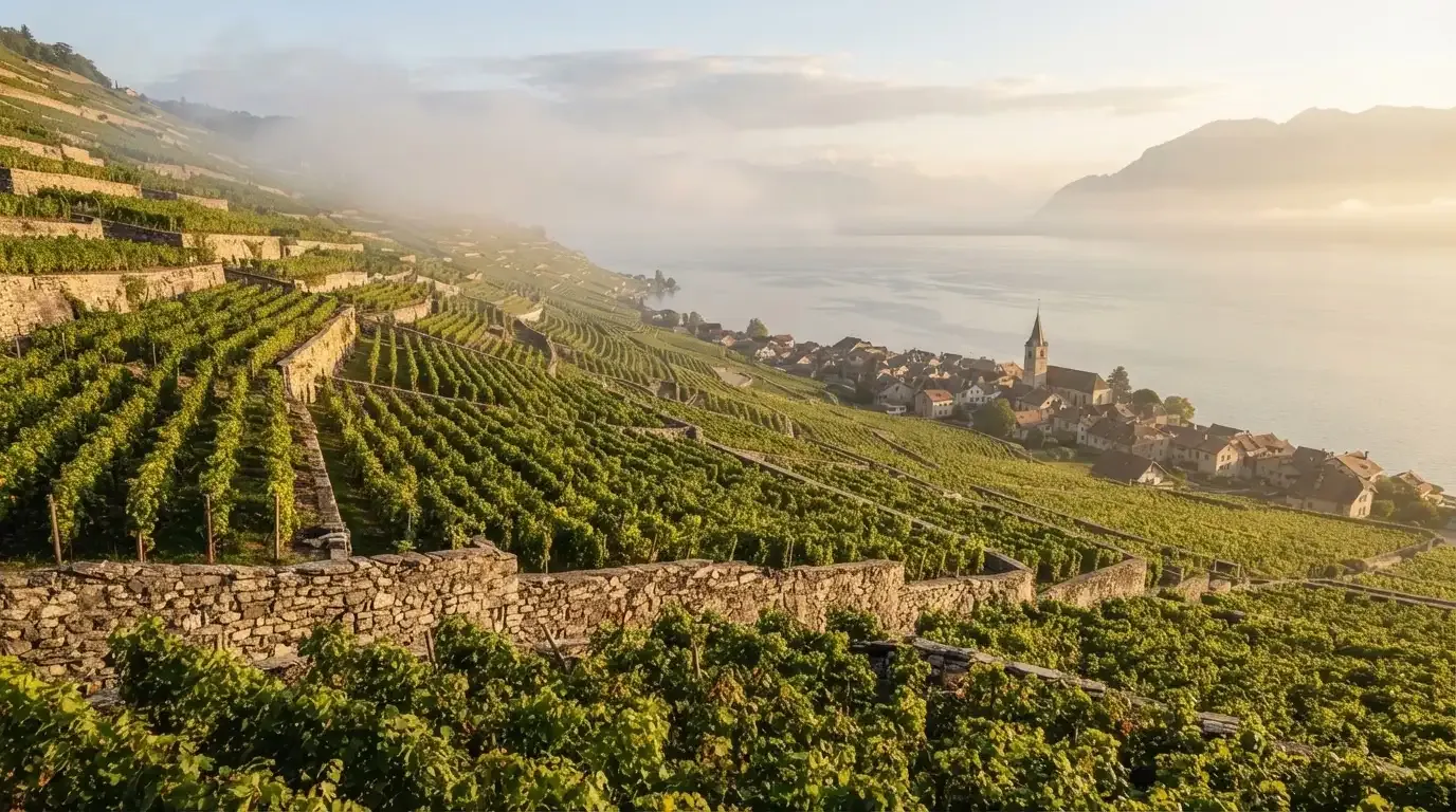 Terrassierte Weinberge über einem See im Morgendunst, am Ufer liegt ein kleines Dorf.