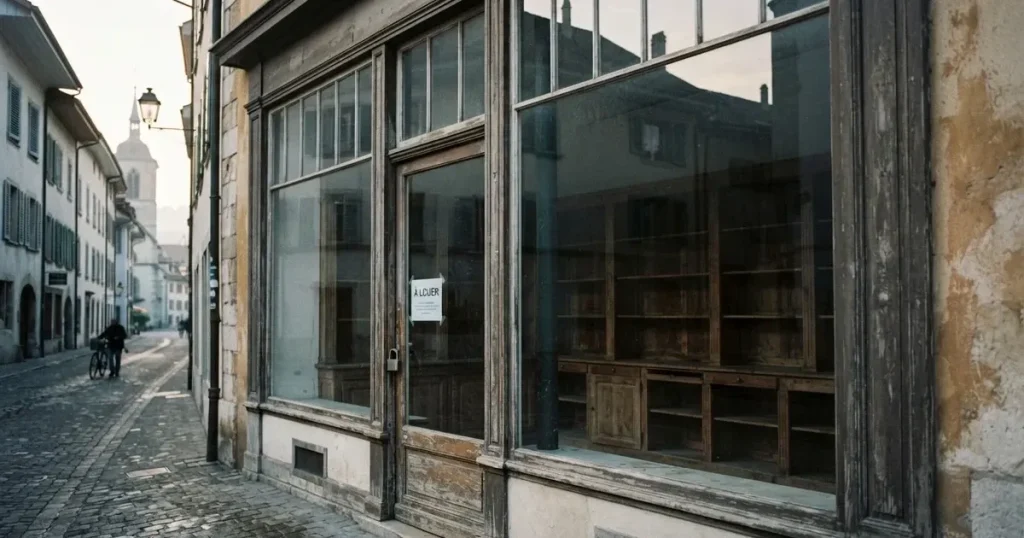 Ein leerstehendes Ladenlokal mit grossen Schaufenstern und kahlen Regalen in einer ruhigen Strasse beim ersten Tageslicht.