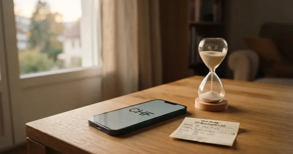 Ein kleiner Stapel Münzen neben einer Sanduhr auf einem Holztisch im weichen Fensterlicht.