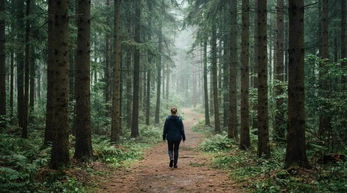 Eine Person von hinten auf einem Waldweg, die langsam zwischen hohen Tannen geht.