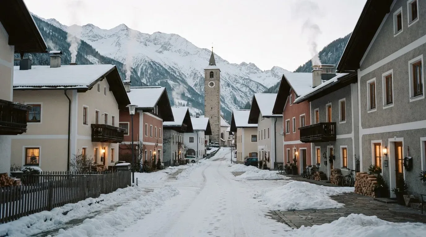 Eine verschneite Dorfstrasse mit Kirchturm im Hintergrund, Rauch steigt aus den Kaminen.