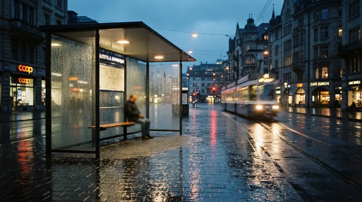 Eine Tramhaltestelle in einer Schweizer Stadt bei Regen, nasses Pflaster spiegelt das Licht.