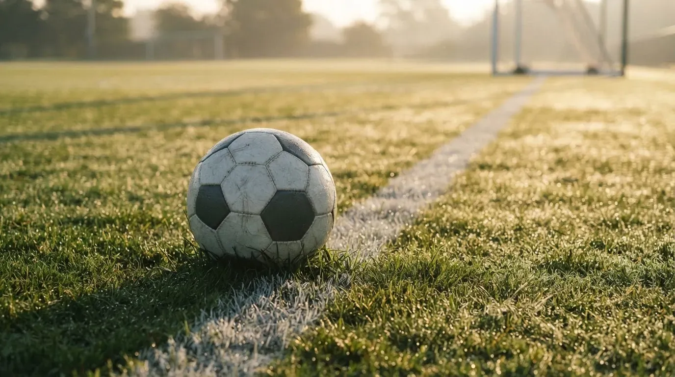 Ein Fussball ruht an der Seitenlinie im taufeuchten Gras, die ersten Sonnenstrahlen fallen schräg über den Platz.