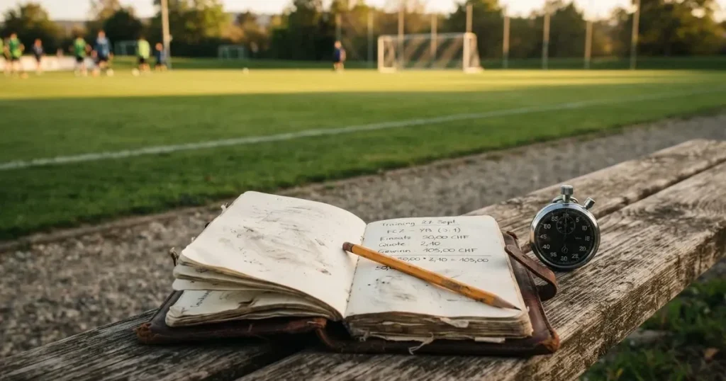 Ein abgegriffenes Notizheft, ein Bleistift und eine Stoppuhr liegen auf einer Bank am Rand eines Trainingsplatzes.