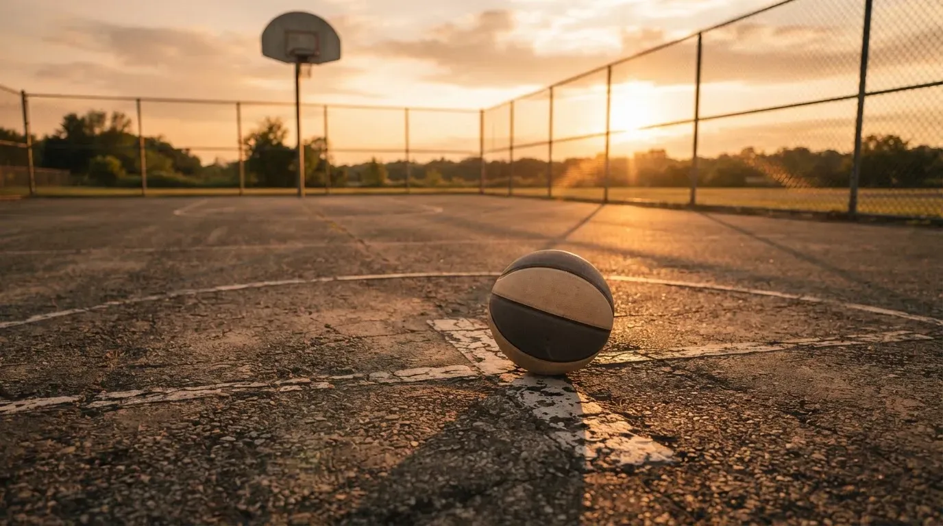 Ein Basketball liegt bei Sonnenuntergang auf einem leeren Aussenplatz, lange Schatten fallen über den Boden.