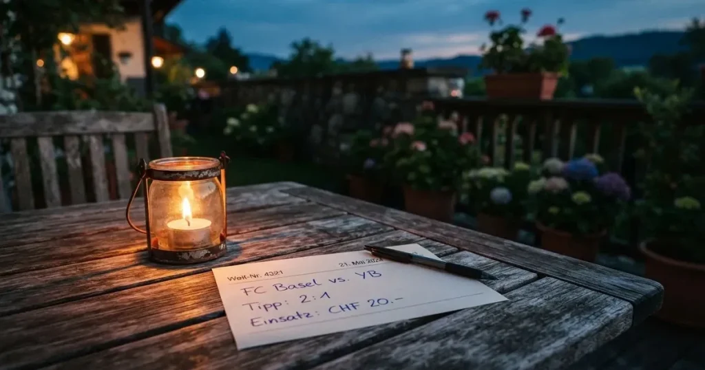 Ein leeres Wettschein-Papier und ein Kugelschreiber liegen auf einem Gartentisch auf einer Terrasse, daneben steht ein Windlicht.