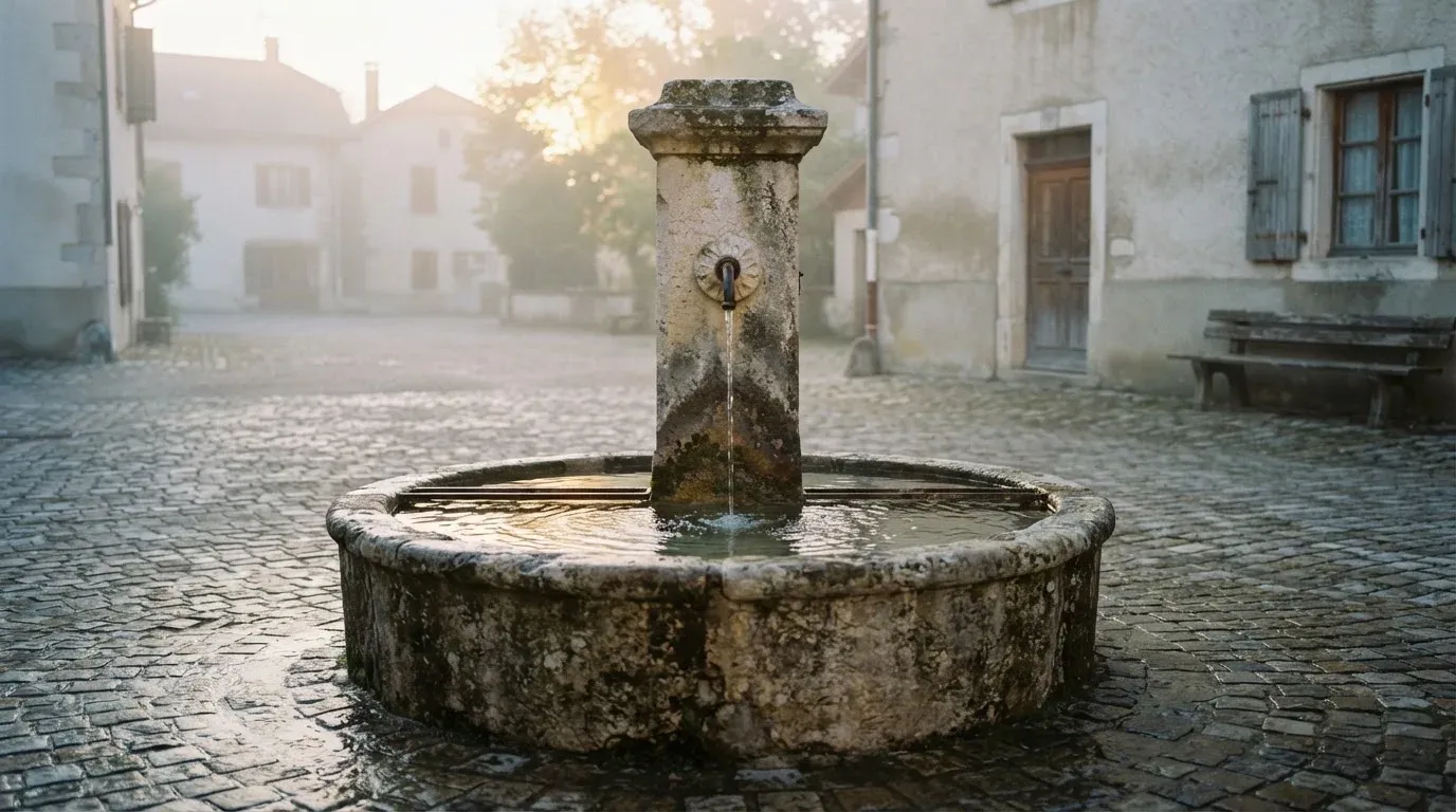 Ein Steinbrunnen auf einem stillen Dorfplatz im ersten Morgenlicht, Wasser fliesst ruhig in das Becken.