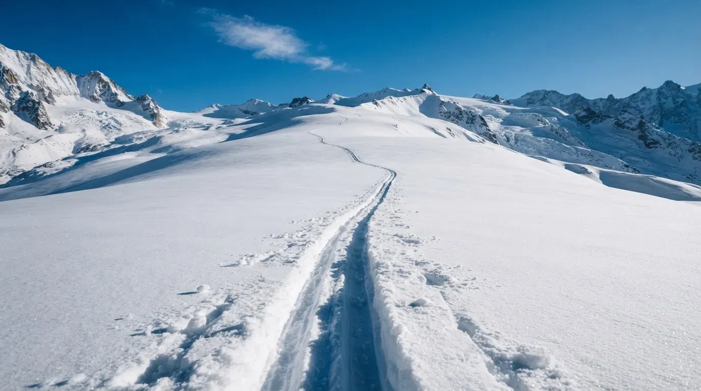 Skispuren im frischen Schnee an einem sonnigen Hang vor blauem Himmel.