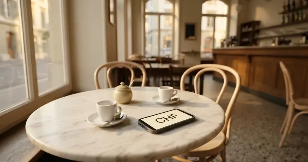 Zwei Kaffeetassen und eine Zuckerdose stehen auf einem runden Marmortisch in einem leeren Café am Morgen.