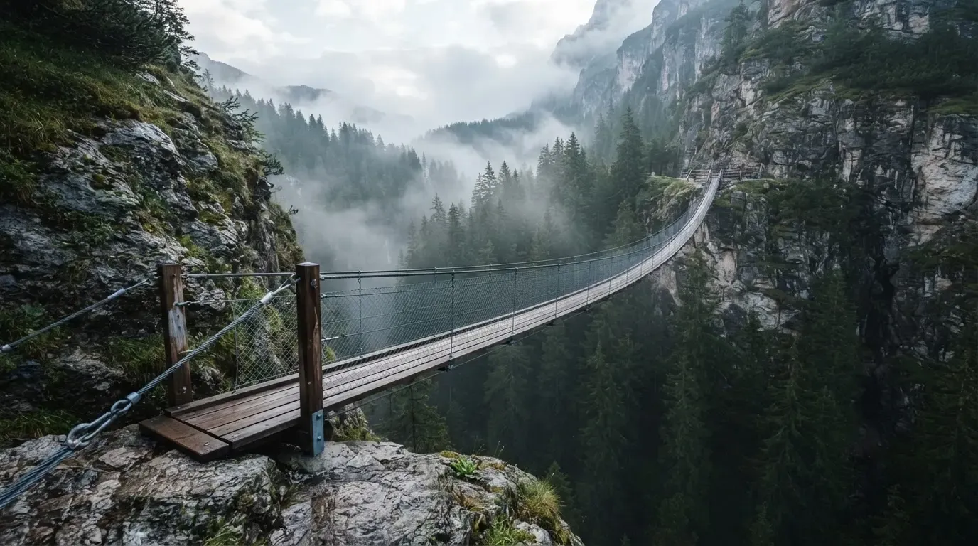 Eine Hängebrücke über eine tiefe Schlucht, aus dem Wald darunter steigt Nebel auf.